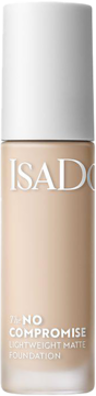 Beżowy podkład matujący IsaDora No Compromise Lightweight Matte w butelce z białą nakrętką, widok z przodu.