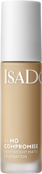 Beżowy podkład IsaDora No Compromise Lightweight Matte Foundation w szklanej butelce z białą nakrętką, widok z przodu.