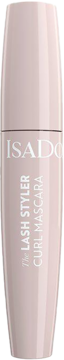 Różowa maskara IsaDora The Lash Styler Curl w cylindrycznej tubce, widok z przodu, z białymi napisami.