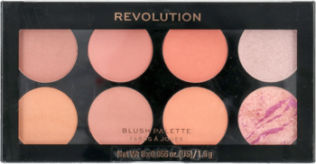 Paleta różów Revolution Ultra Blush Hot Spice. Czarna, z 8 okrągłymi odcieniami różu, brzoskwini i koralu, mat i błysk.