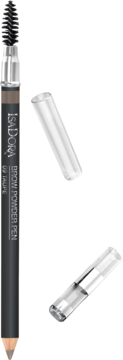IsaDora Brow Powder Pen 09 Taupe, pionowo ustawiona kredka z brązowym rysikiem i szczoteczką, obok przezroczystymi nakładkami.