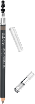 IsaDora Brow Powder Pen 09 Taupe, pionowo ustawiona kredka z brązowym rysikiem i szczoteczką, obok przezroczystymi nakładkami.