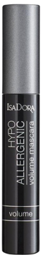 Isadora Hypo-Allergenic Volume Mascara w czarnej tubie ze srebrną zakrętką, widok z przodu, napisy pionowo.