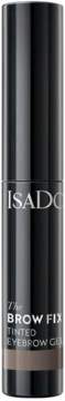 Czarne opakowanie IsaDora The Brow Fix Tinted Eyebrow Gel 52 Light Brown, widok z przodu, brązowy swatch.