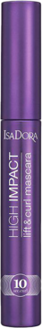 Fioletowa, metaliczna maskara IsaDora High Impact Lift & Curl w cylindrycznej tubie, widok z przodu z numerem 10.