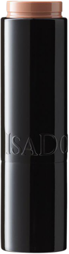 IsaDora Perfect Moisture Lipstick 225 Rose Beige, czarna tubka z beżową pomadką u góry, logo, widok z przodu.