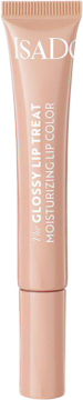 IsaDora Glossy Lip Treat, nawilżający błyszczyk w beżowej tubce, widok z przodu, z białym napisem.