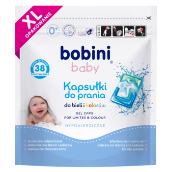 Bobini Baby, biało-niebieskie XL opakowanie hipoalergicznych kapsułek do prania bieli i kolorów.