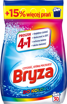 Proszek Bryza Color 4w1 do koloru w kolorowej torebce, widok z przodu, z napisem +15% więcej prań.