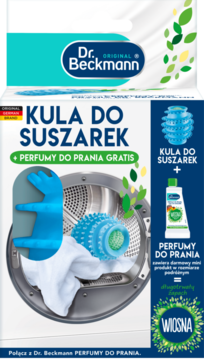 Dr. Beckmann kula do suszarek i perfumy do prania Wiosna. Białe opakowanie z zielonymi liśćmi, widok przód.