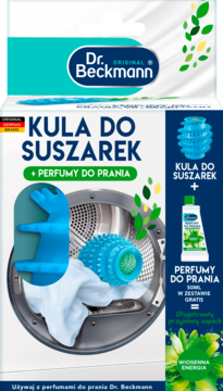 Dr. Beckmann Kula do suszarek i perfumy do prania Wiosenna Energia. Biało-niebieskie opakowanie z kulą i butelką.