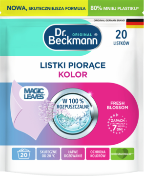 Dr. Beckmann Listki piorące Kolor, Fresh Blossom, 20 szt., opakowanie w biało-różowo-zielone pasy, widok z przodu.