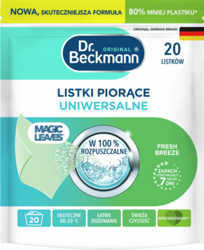 Dr. Beckmann, listki piorące uniwersalne Fresh Breeze, 20 sztuk, 80% mniej plastiku, zielono-białe opakowanie.