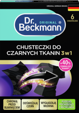 Dr. Beckmann Chusteczki 3w1 do czarnych tkanin, czarne opakowanie, logo i grafika o odnowie koloru.