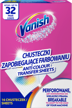 Różowe pudełko Vanish Anti Colour Transfer Sheets, widok z przodu, 16 perforowanych chusteczek chroniących kolory, na 32 prania.
