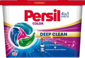 Persil 4in1 DISCS COLOR Deep Clean detergent, opakowanie z logo, fioletowe tło z grafiką kolorowych dysków, widok z przodu.