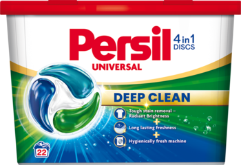 Opakowanie Persil 4in1 DISCS Universal Deep Clean, z przodu widać niebiesko-zielone dyski i napis.