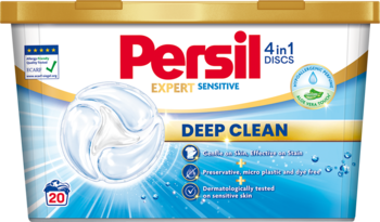 Kapsułki do prania Persil 4in1 DISCS Deep Clean Expert Sensitive, 20 sztuk, białe opakowanie, front.