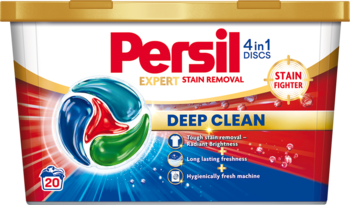 Białe pudełko Persil 4in1 DISCS Deep Clean Expert Stain Removal z czerwoną grafiką kapsułek, złote wieczko.
