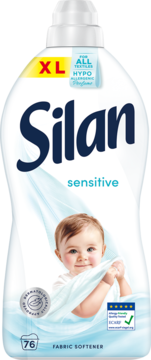 Silan Sensitive płyn do płukania tkanin XL. Biała butelka z uśmiechniętym niemowlęciem, idealny dla skóry wrażliwej.