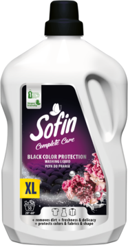 Duża biała butelka Sofin Complete Care Black Color Protection płynu do prania, z fioletową etykietą i grafiką ziaren.