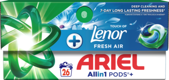 Kapsułki do prania Ariel Allin1 PODS+ Lenor Fresh Air, 26 szt., front kartonowego opakowania z zielono-niebieskimi detalami.