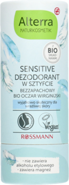 Alterra Sensitive Dezodorant w sztyfcie, bezzapachowy, jasnoniebieskie opakowanie z piórkami, widok z przodu.
