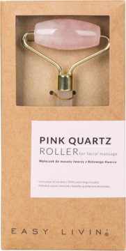 Różowy wałek do masażu twarzy z kwarcu Easy Livin' w brązowym kartonowym opakowaniu, widok z przodu.