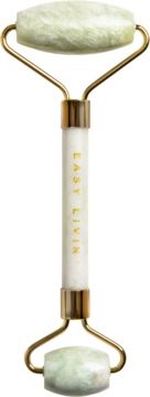 Jasnozielony jadeitowy roller do masażu twarzy Easy Livin' z białym uchwytem i złotymi elementami, widok z przodu.
