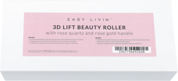 Tył białego opakowania Easy Livin' 3D Lift Beauty Roller z różowym kwarcem i rączką, różowa etykieta, kod kreskowy.