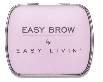 Jasnoróżowe, metalowe pudełko mydełka Easy Brow Easy Livin' do stylizacji brwi, widok z góry, zaokrąglone rogi.