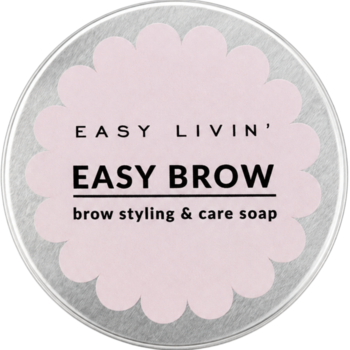 Srebrne, okrągłe mydełko Easy Brow Easy Livin' do stylizacji brwi, z różową etykietą na wierzchu.
