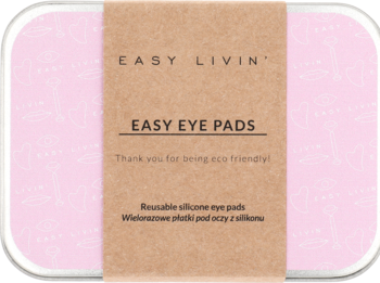 Różowe pudełko wielorazowych silikonowych płatków pod oczy Easy Eye Pads z brązową etykietą.