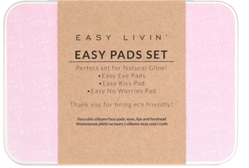 Easy Pads Set, różowe opakowanie zestawu wielorazowych silikonowych płatków i masek do oczu, ust i czoła.