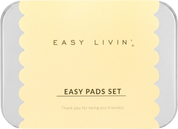 Easy Pads Set: zestaw wielorazowych silikonowych płatków w srebrnym pudełku z beżową, falistą etykietą.