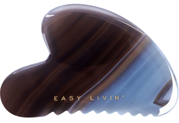 Kamień Gua Sha Easy Livin' z agatu, ergonomiczny kształt, brązowo-niebieskie smugi, do masażu twarzy.