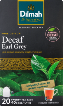 Front view: Dilmah Pure Ceylon Natural Decaf Earl Grey black tea box, dark grey, green leaves & gold.
