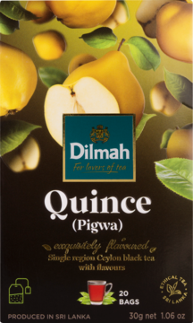 Front view of Dilmah Quince (Pigwa) black tea box, dark green with yellow quince fruit and gold text, 20 tea bags.