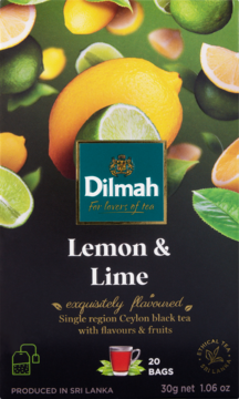 Front czarnego opakowania herbaty Dilmah Lemon & Lime Ceylon black tea, z widocznymi cytrynami i limonkami.