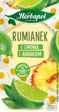 Herbapol Rumianek z Limonką i Ananasem. Front opakowania herbatki ziołowej, z limonką, ananasem i rumiankiem.