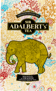 Sir Adalbert's Tea Mango & Orange Ceylon White w ozdobnym opakowaniu ze złotym słoniem na barwnym tle.