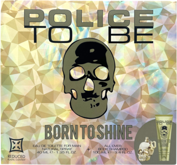 Zestaw męskich perfum Police To Be Born to Shine. Złoto-beżowe opakowanie z grafiką czaszki, EDT 40ml i żel 100ml.