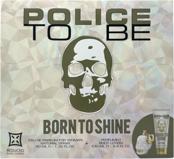 Front opakowania zestawu Police To Be Born to Shine dla kobiet, z metaliczną czaszką i flakonem.