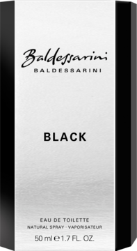 Baldessarini Black Eau de Toilette 50ml, białe pudełko z czarną czcionką, widok frontalny pod lekkim kątem.
