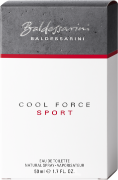Białe pudełko Baldessarini Cool Force Sport Eau de Toilette 50ml z szarym wieczkiem i czerwonym paskiem, widok z przodu.