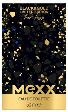MEXX Black & Gold Limited Edition for him Eau de Toilette 50ml label, black with gold confetti.