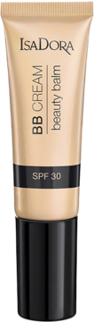 Isadora BB Cream Beauty Balm SPF 30 w beżowej tubce z czarnym napisem i nakrętką, widok z przodu.