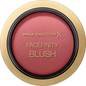 Okrągły róż Max Factor Facefinity Blush nr 50 Sunkissed Rose w złotym kompakcie, widok z góry.