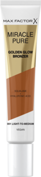 Max Factor Miracle Pure Golden Glow Bronzer w białej tubce, brązowo-złoty design, ze skwalanem i kwasem hialuronowym.