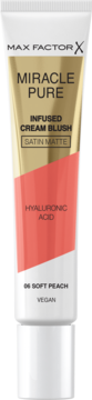 Max Factor Miracle Pure Infused Cream Blush 06 Soft Peach. Biała tubka ze złotym i brzoskwiniowym wzorem, z kwasem hialuronowym.